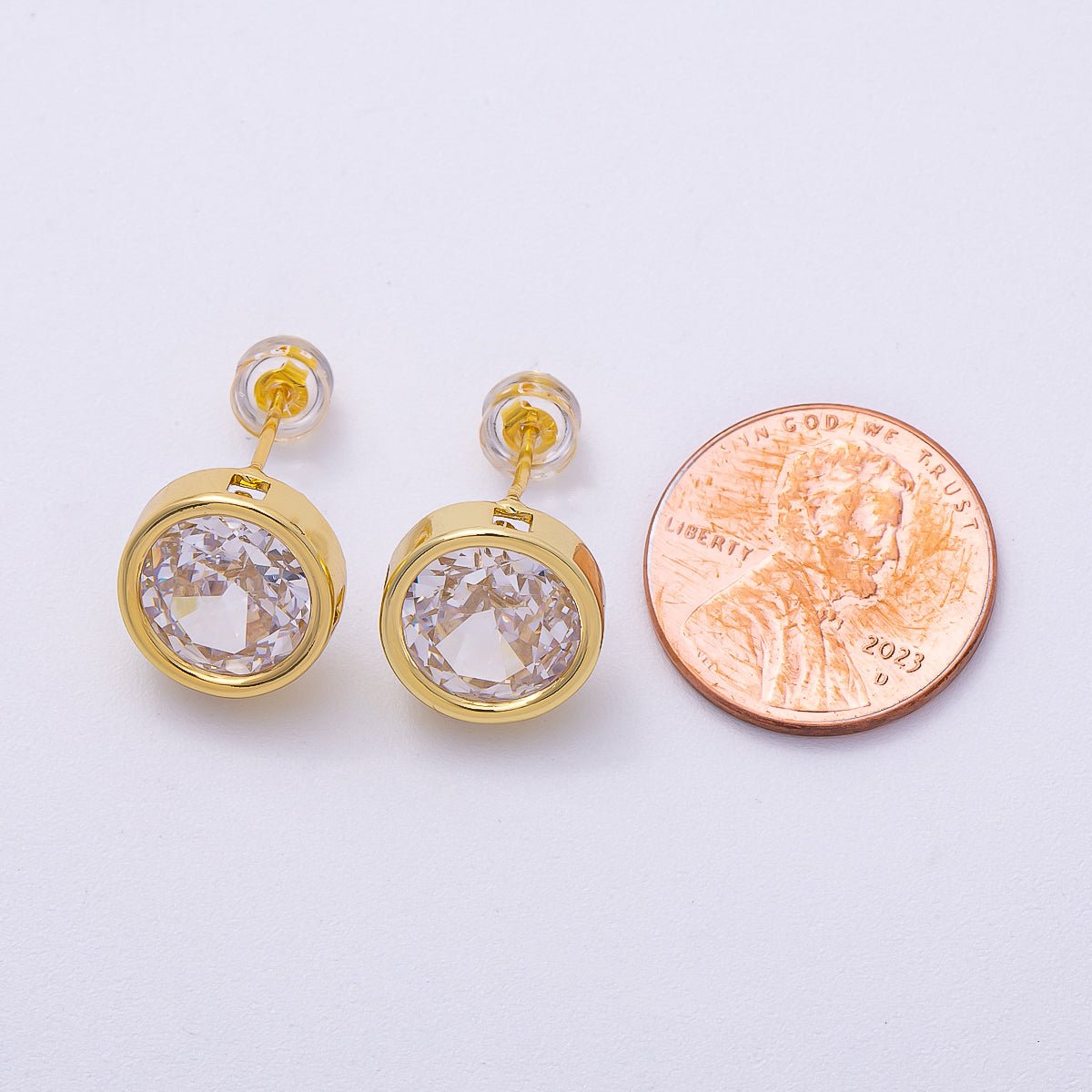 16K Gold Filled 16mm Clear CZ Round Bezel Solitaire Stud Earrings | Earrings - 00305 - DLUXCA
