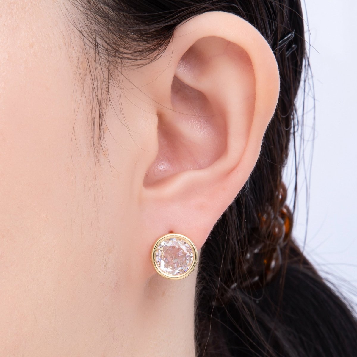 16K Gold Filled 16mm Clear CZ Round Bezel Solitaire Stud Earrings | Earrings - 00305 - DLUXCA