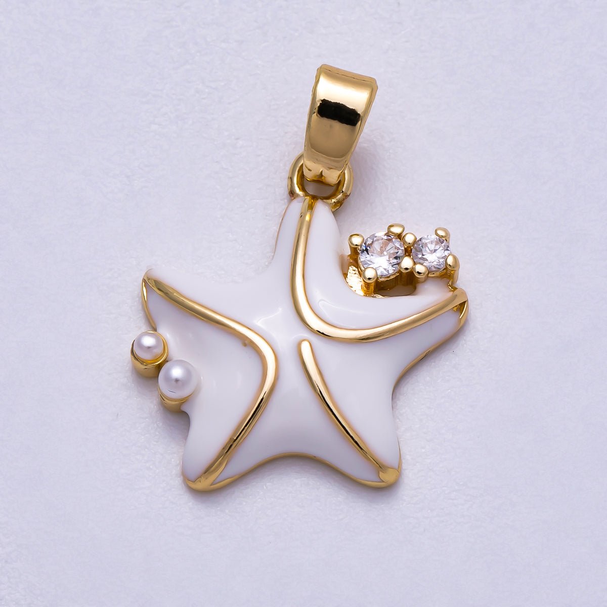 16K Gold Filled 16mm Clear CZ White Enamel Starfish Charm | Charms - 00597 - DLUXCA