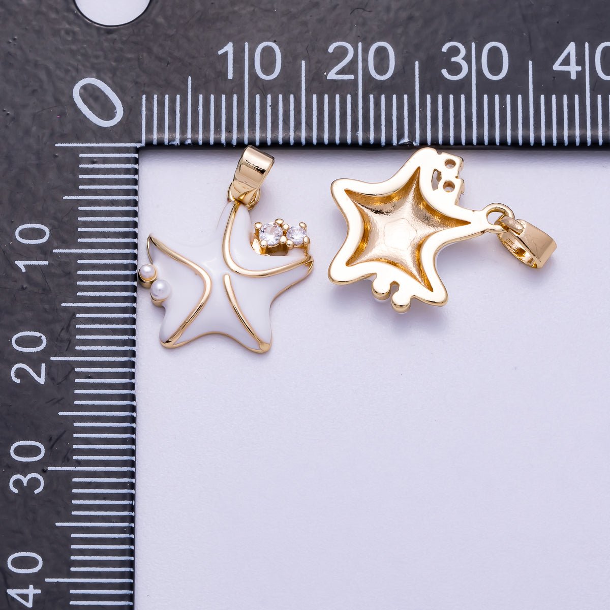 16K Gold Filled 16mm Clear CZ White Enamel Starfish Charm | Charms - 00597 - DLUXCA