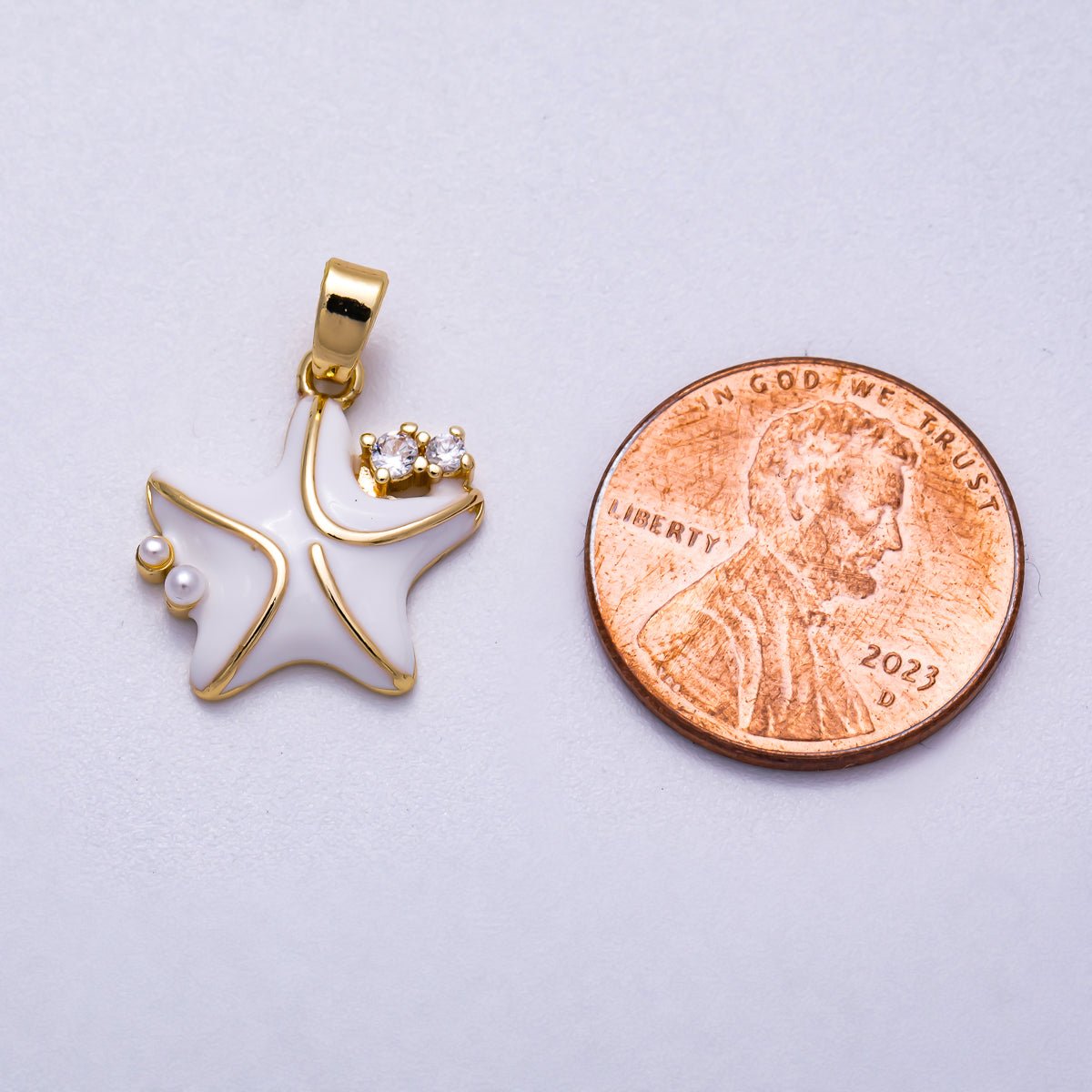 16K Gold Filled 16mm Clear CZ White Enamel Starfish Charm | Charms - 00597 - DLUXCA