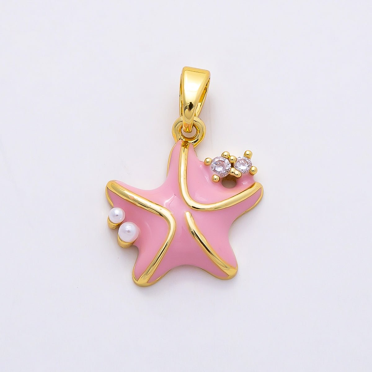 16K Gold Filled 16mm CZ Pink Enamel Shell Pearl Starfish Charm | Charms - 00846 - DLUXCA
