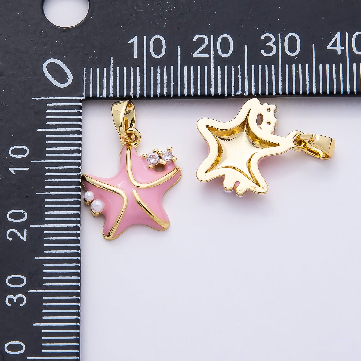 16K Gold Filled 16mm CZ Pink Enamel Shell Pearl Starfish Charm | Charms - 00846 - DLUXCA
