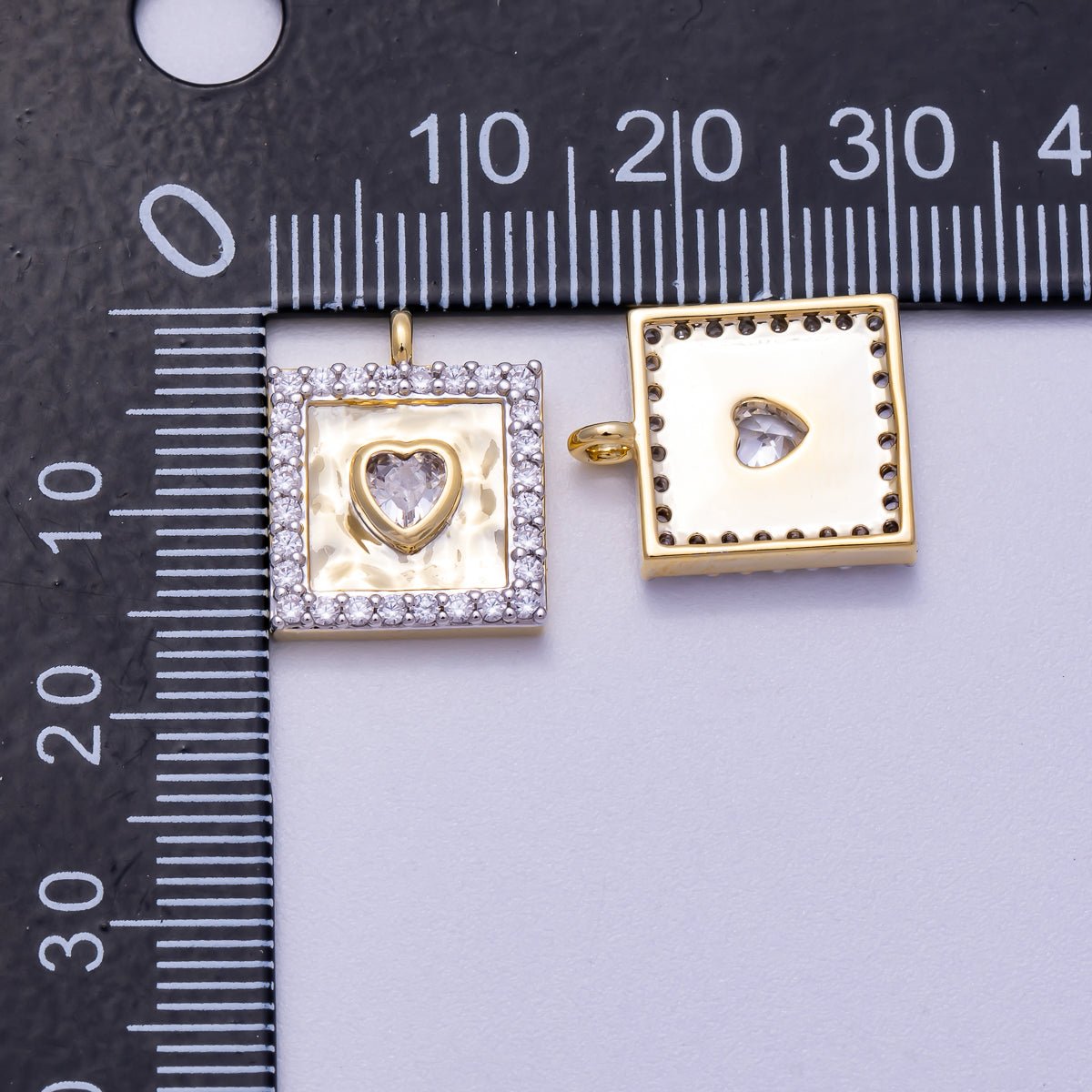 16K Gold Filled 16mm Micro Paved CZ Heart Bezel Hammered Square Charm | Charms - 00573 - DLUXCA