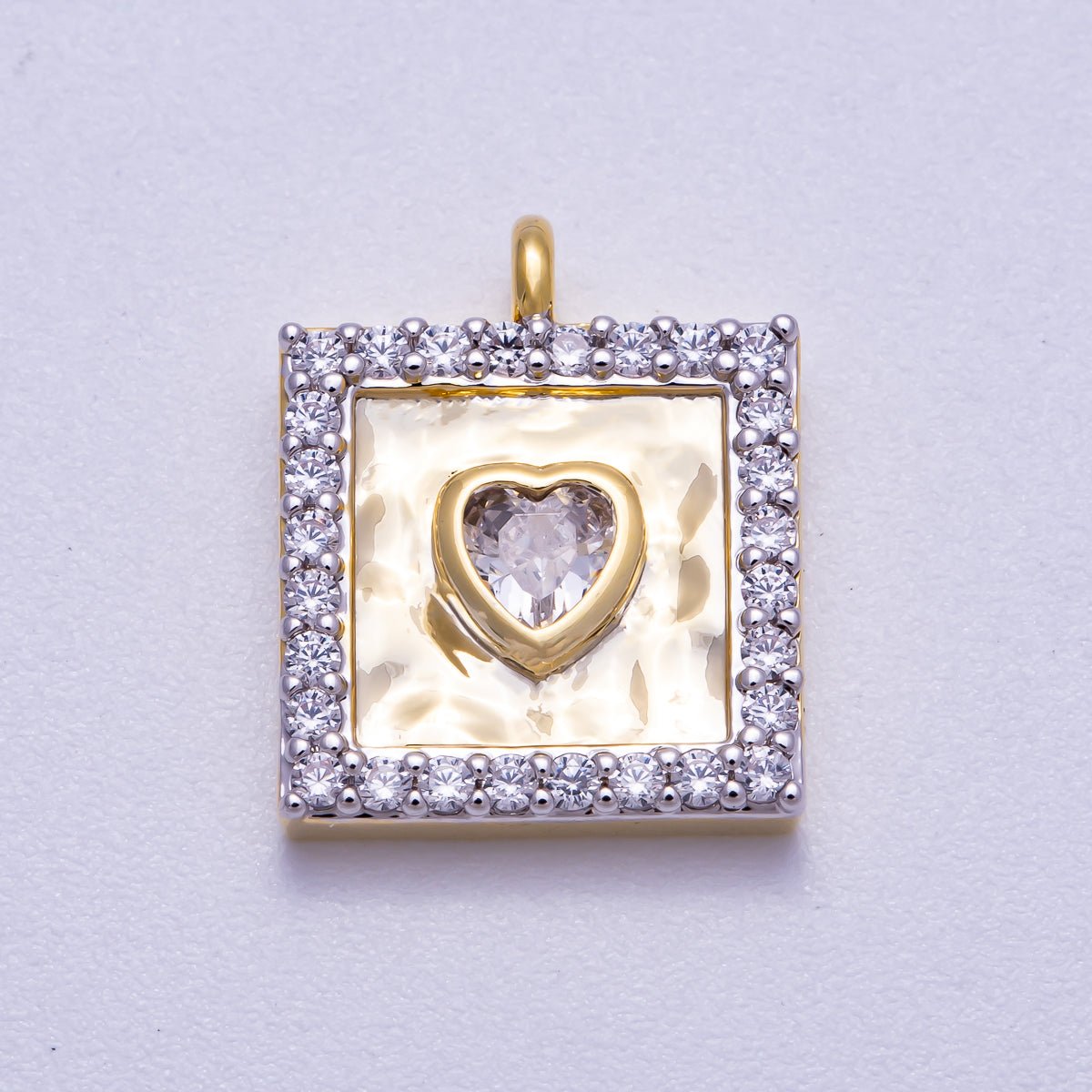 16K Gold Filled 16mm Micro Paved CZ Heart Bezel Hammered Square Charm | Charms - 00573 - DLUXCA
