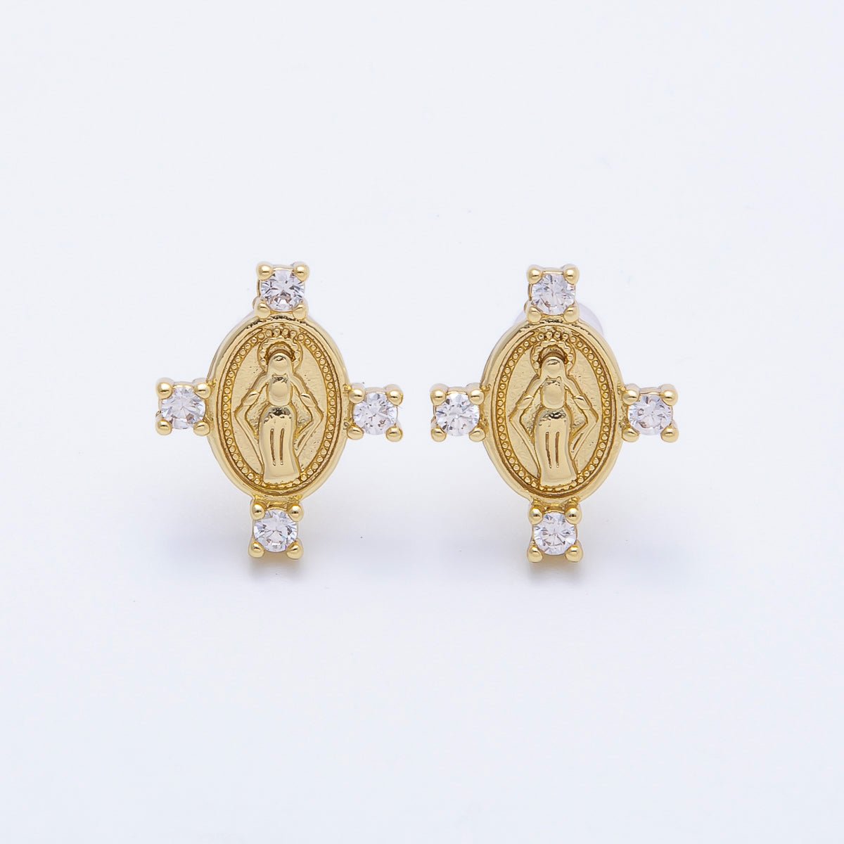 16K Gold Filled 16mm Micro Paved CZ Mother Mary Oval Religious Stud Earrings | Earrings - 00348 - DLUXCA