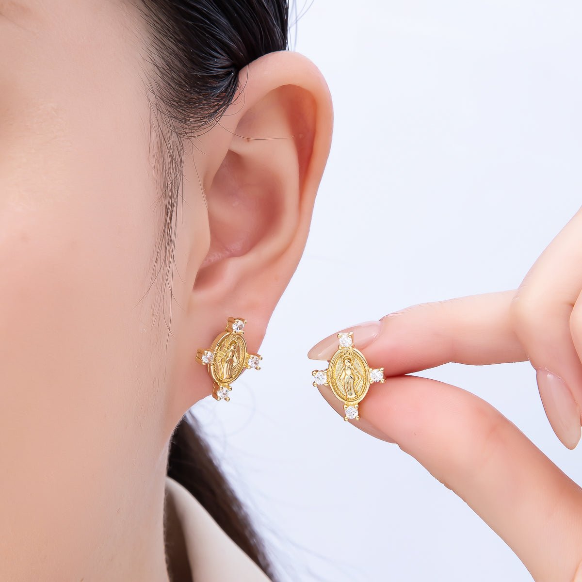 16K Gold Filled 16mm Micro Paved CZ Mother Mary Oval Religious Stud Earrings | Earrings - 00348 - DLUXCA