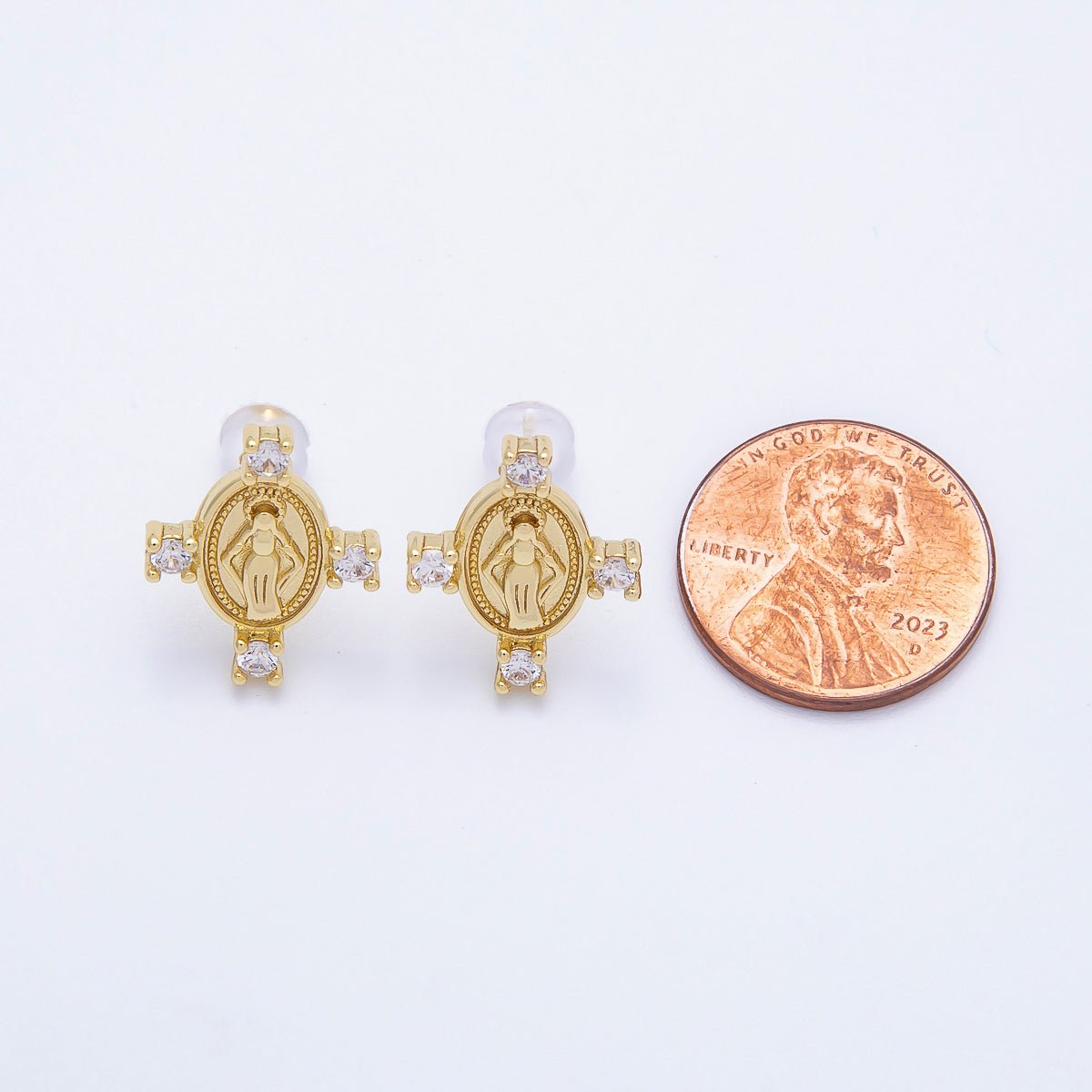 16K Gold Filled 16mm Micro Paved CZ Mother Mary Oval Religious Stud Earrings | Earrings - 00348 - DLUXCA
