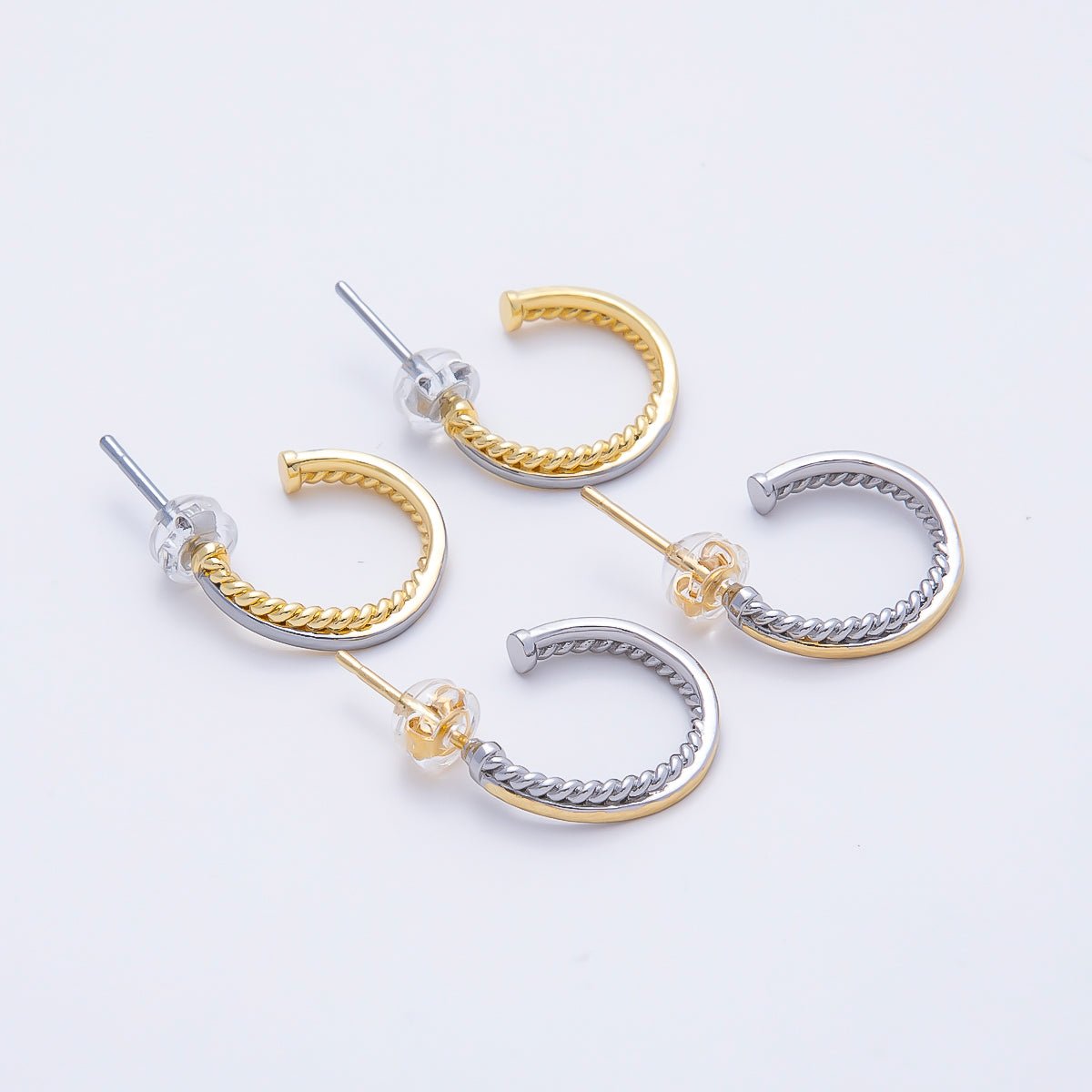 16K Gold Filled 16mm Mixed Metal Croissant Double C-Shaped Hoop in Silver & Gold | Earrings-00650 - DLUXCA