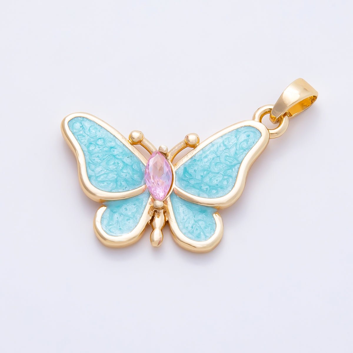 16K Gold Filled 17.5mm White, Blue Glitter Enamel Marquise CZ Butterfly Pendant | Charms-01259 Charms-01260 - DLUXCA