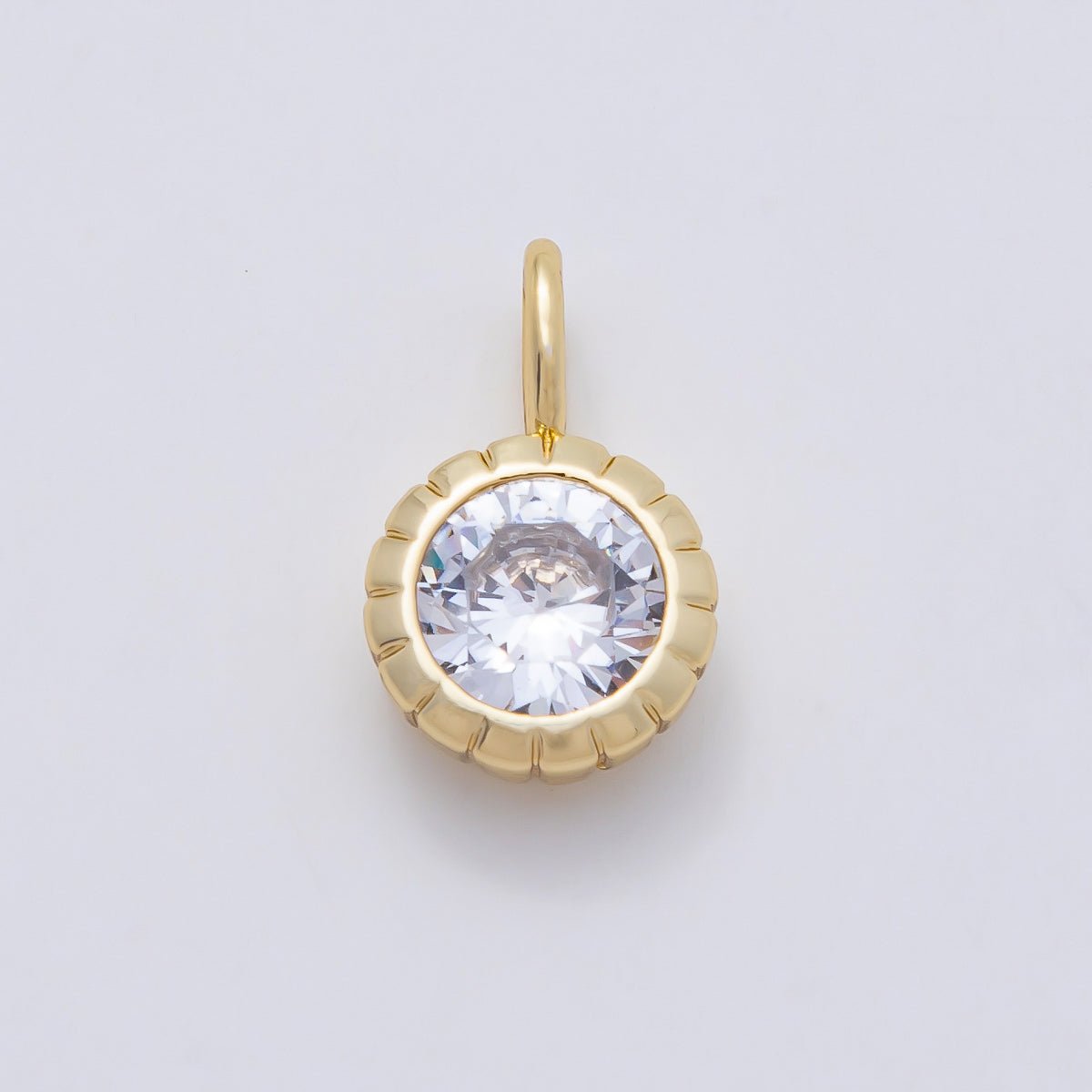 16K Gold Filled 17mm Birthstone Round CZ Ribbed Bezel Mini Pendant | Charms-01113 ~ Charms-01124 - DLUXCA