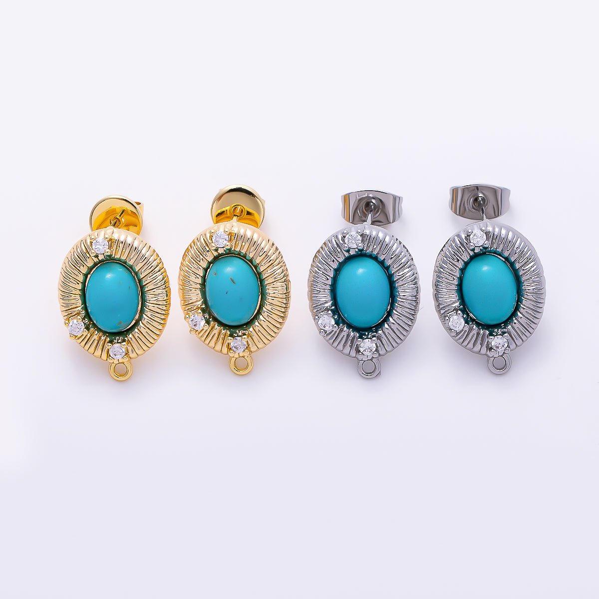 16K Gold Filled 17mm Clear CZ Oval Turquoise Sunburst Stud Earring Findings | Findings-00568 - Findings-00569 - DLUXCA