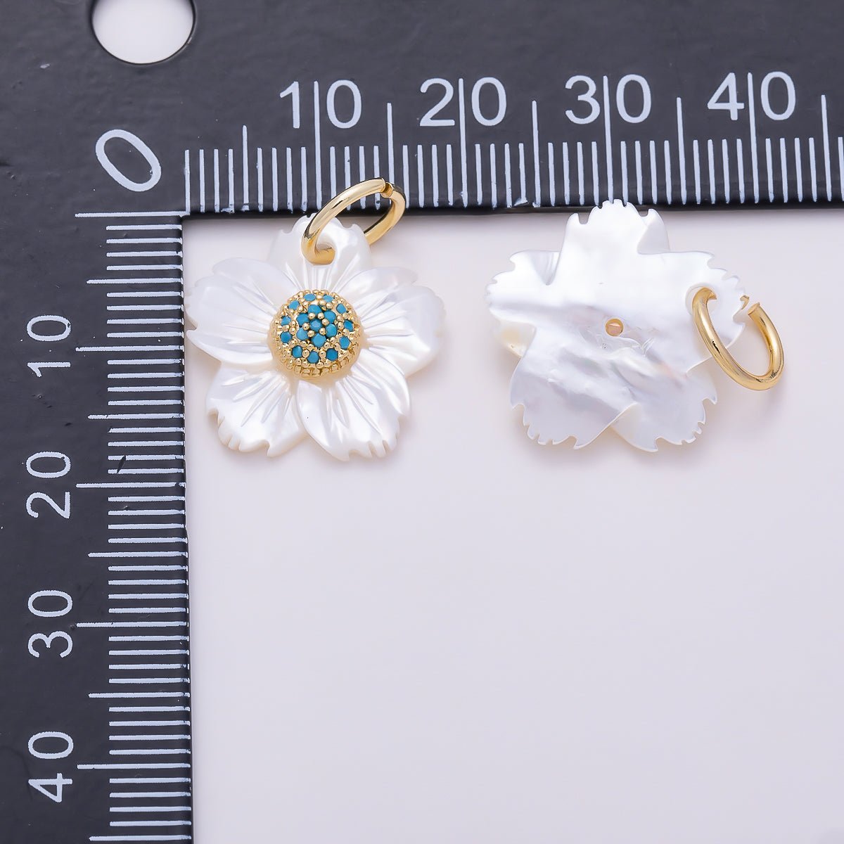 16K Gold Filled 17mm Clear & Turquoise Micro Paved CZ Mother of Pearl Cherry Blossom Flower Charm | Charms-01875 - Charms-01876 - DLUXCA