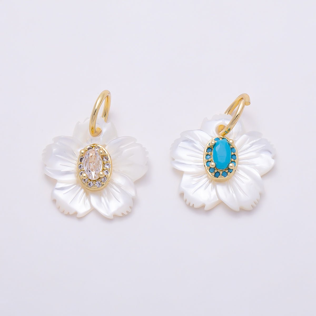 16K Gold Filled 17mm Clear & Turquoise Oval Bezel CZ Mother of Pearl Cherry Blossom Flower Charm | Charms-01877 - Charms-01878 - DLUXCA