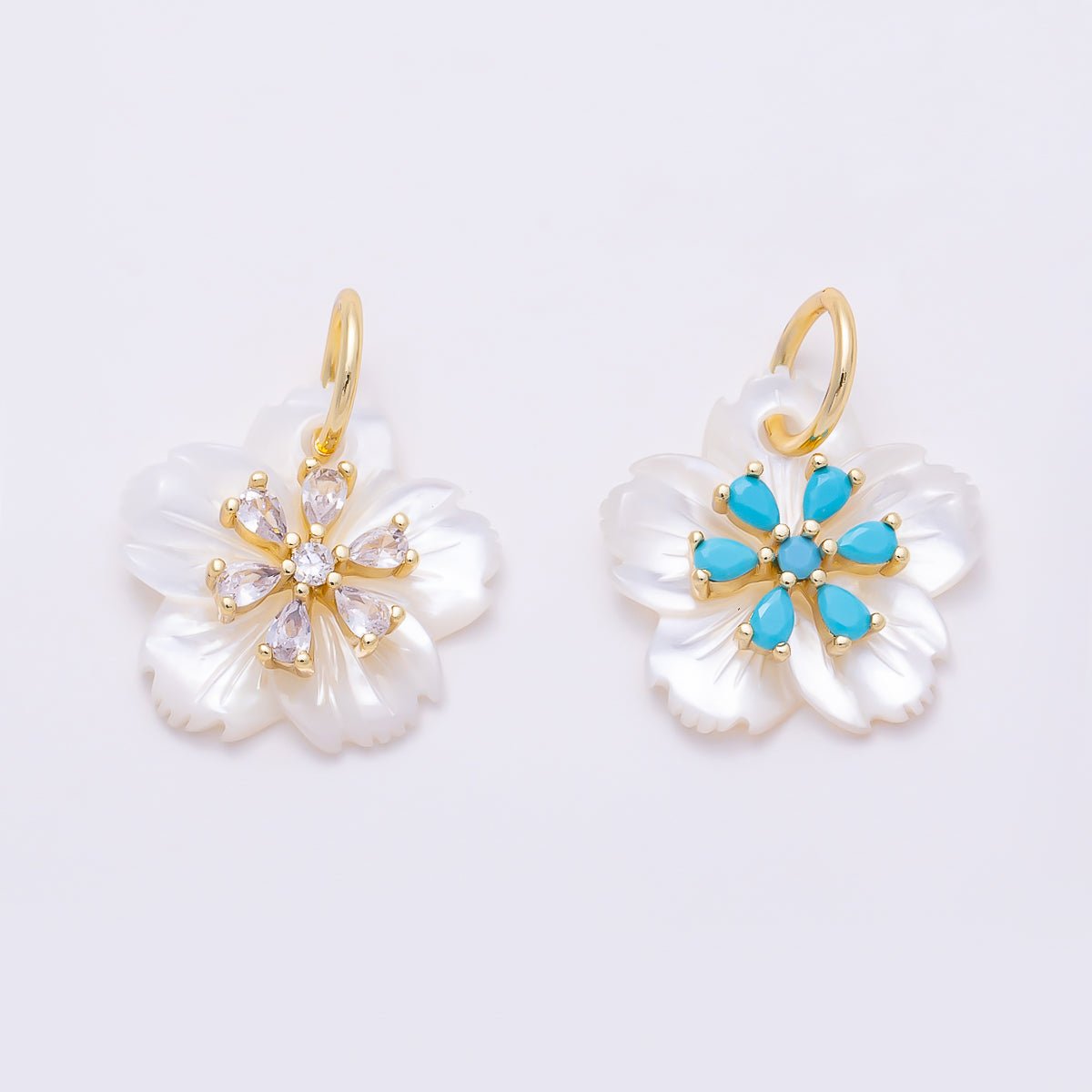 16K Gold Filled 17mm Clear & Turquoise Teardrop CZ Mother of Pearl Cherry Blossom Flower Charm | Charms-01873 - Charms-01874 - DLUXCA
