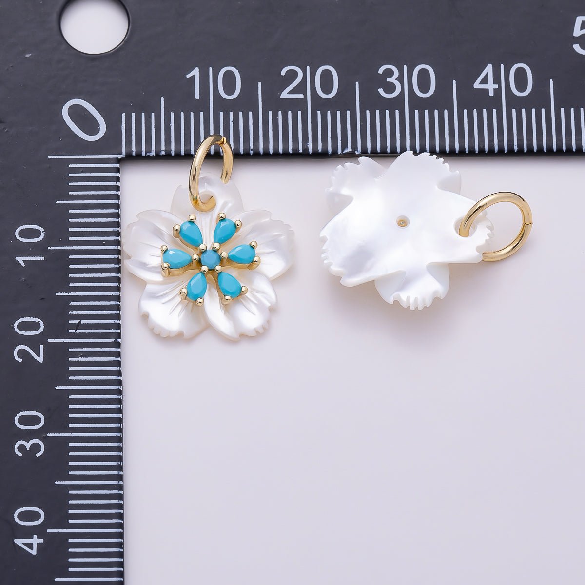 16K Gold Filled 17mm Clear & Turquoise Teardrop CZ Mother of Pearl Cherry Blossom Flower Charm | Charms-01873 - Charms-01874 - DLUXCA