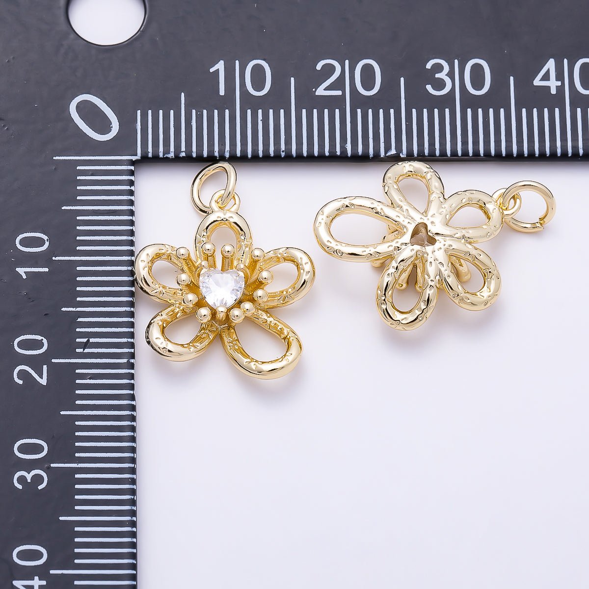 16K Gold Filled 17mm Heart CZ Textured Openwork Flower Charm | Charms-01636 - DLUXCA
