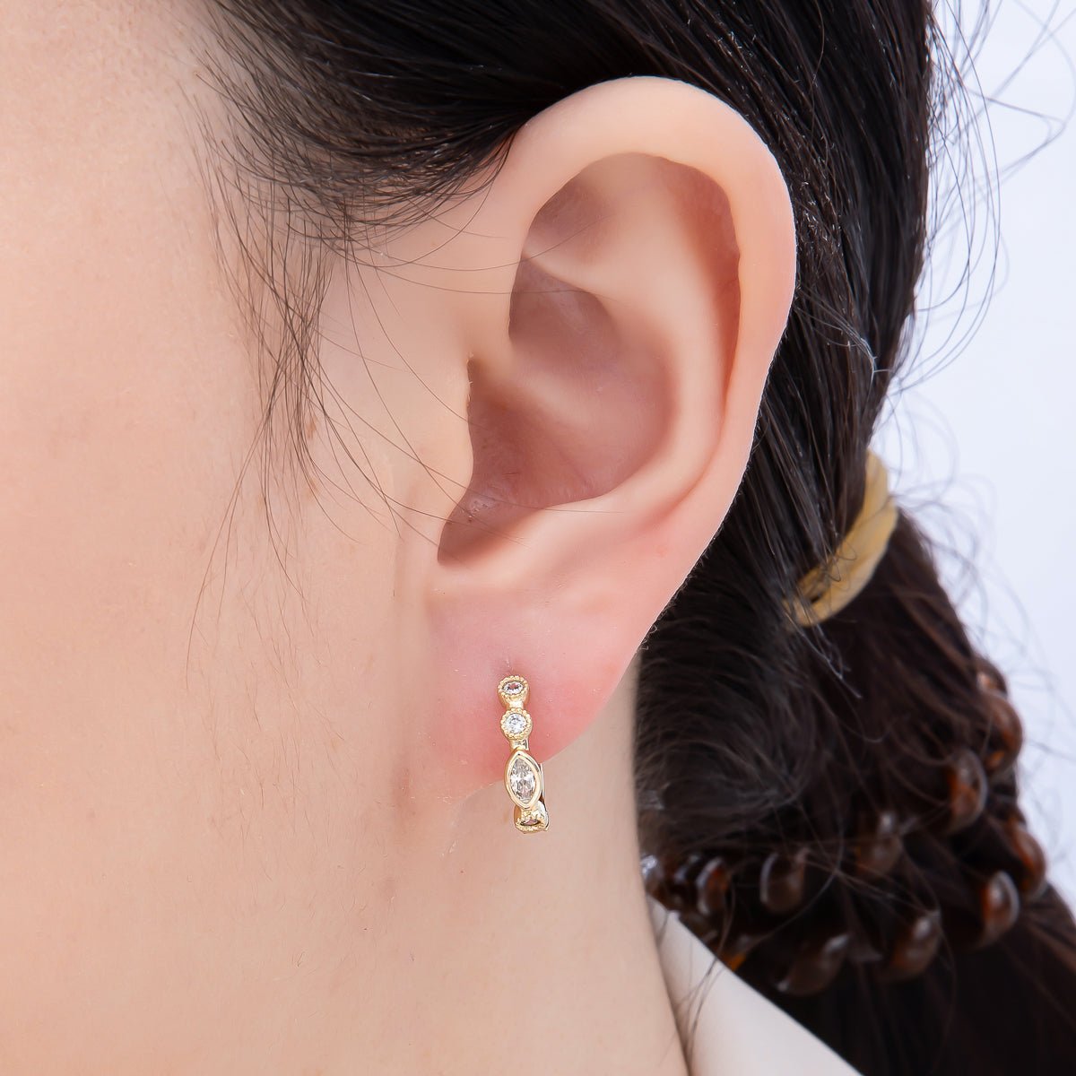 16K Gold Filled 17mm Marquise Round CZ Bezel Cartilage Huggie Earrings | Earrings-00431 - DLUXCA