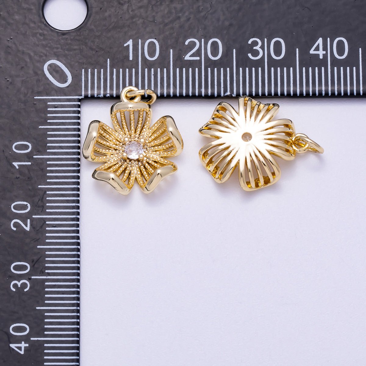 16K Gold Filled 17mm Micro Paved CZ Dotted Blooming Flower Charm | Charms - 00630 - DLUXCA
