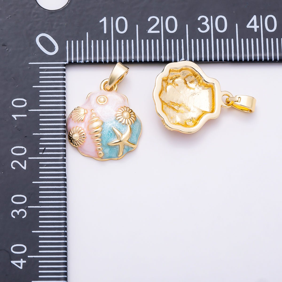 16K Gold Filled 17mm Pink, Blue Mother of Pearl Seashell & Starfish Ocean Beach Pendant | Charms-01892 - DLUXCA