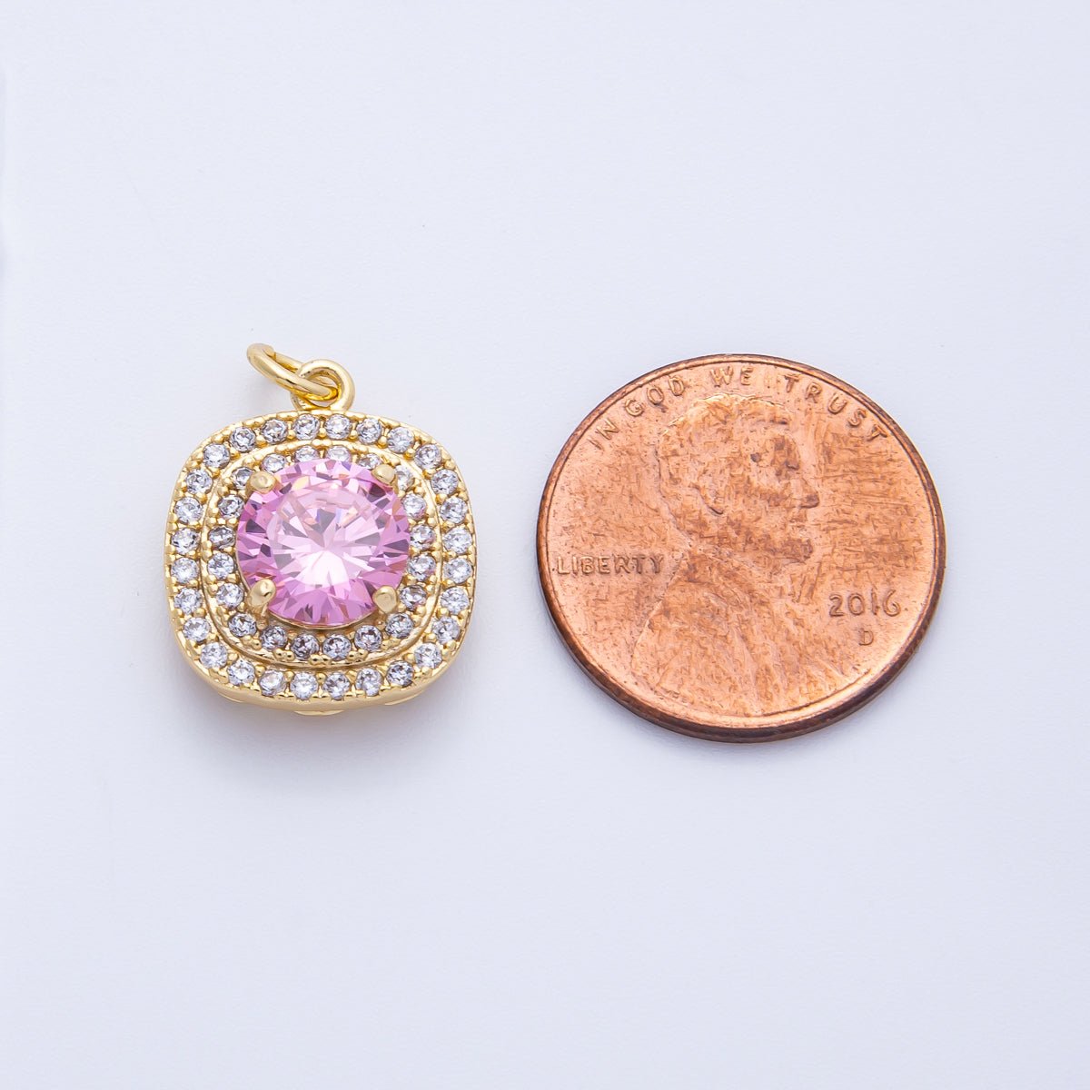 16K Gold Filled 17mm Pink Round Clear Micro Paved CZ Square Charm in Gold & Silver | Charms - 00291 Charms - 00292 - DLUXCA