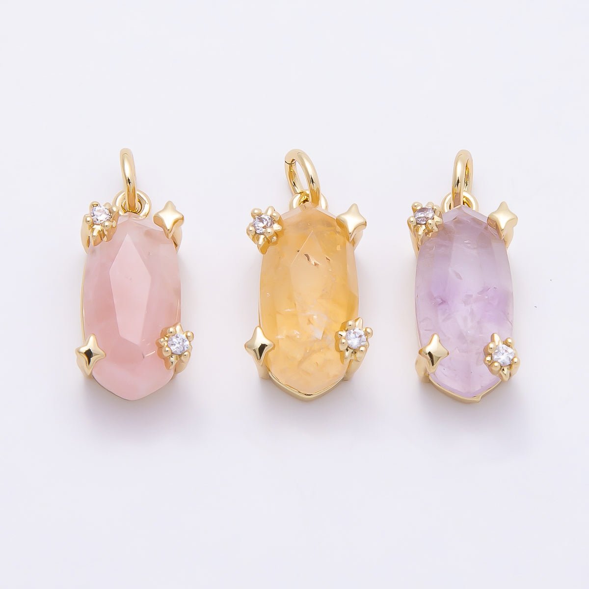 16K Gold Filled 17mm Rose Quartz, Amethyst, Citrine Multifaceted Oval Gemstone CZ Pendant | Charms-01009 - Charms-01011 - DLUXCA