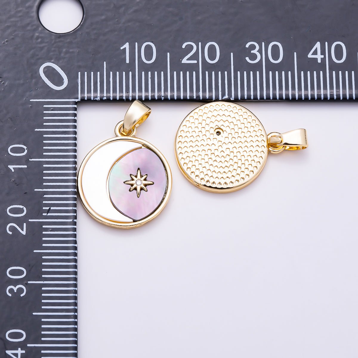 16K Gold Filled 17mm Shell Pearl CZ Star Crescent Moon Celestial Round Pendant | Charms-02012 - DLUXCA