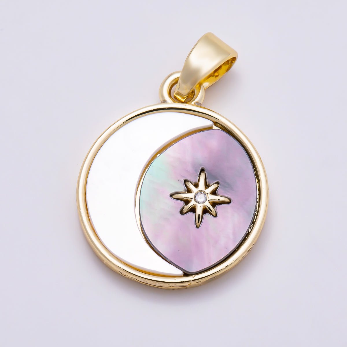 16K Gold Filled 17mm Shell Pearl CZ Star Crescent Moon Celestial Round Pendant | Charms-02012 - DLUXCA