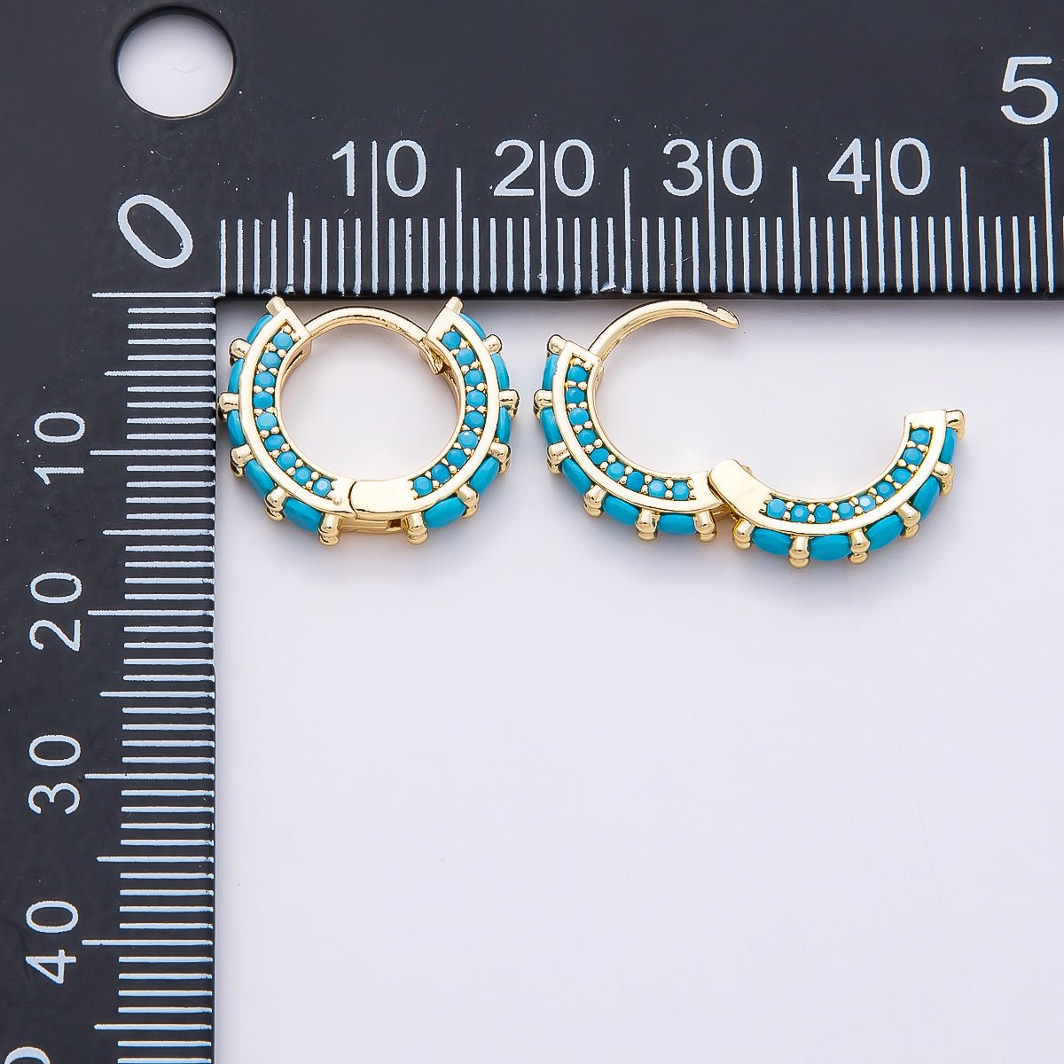 16K Gold Filled 17mm Teal CZ Round Huggie Hoop Earrings | Earrings - 00367 - DLUXCA