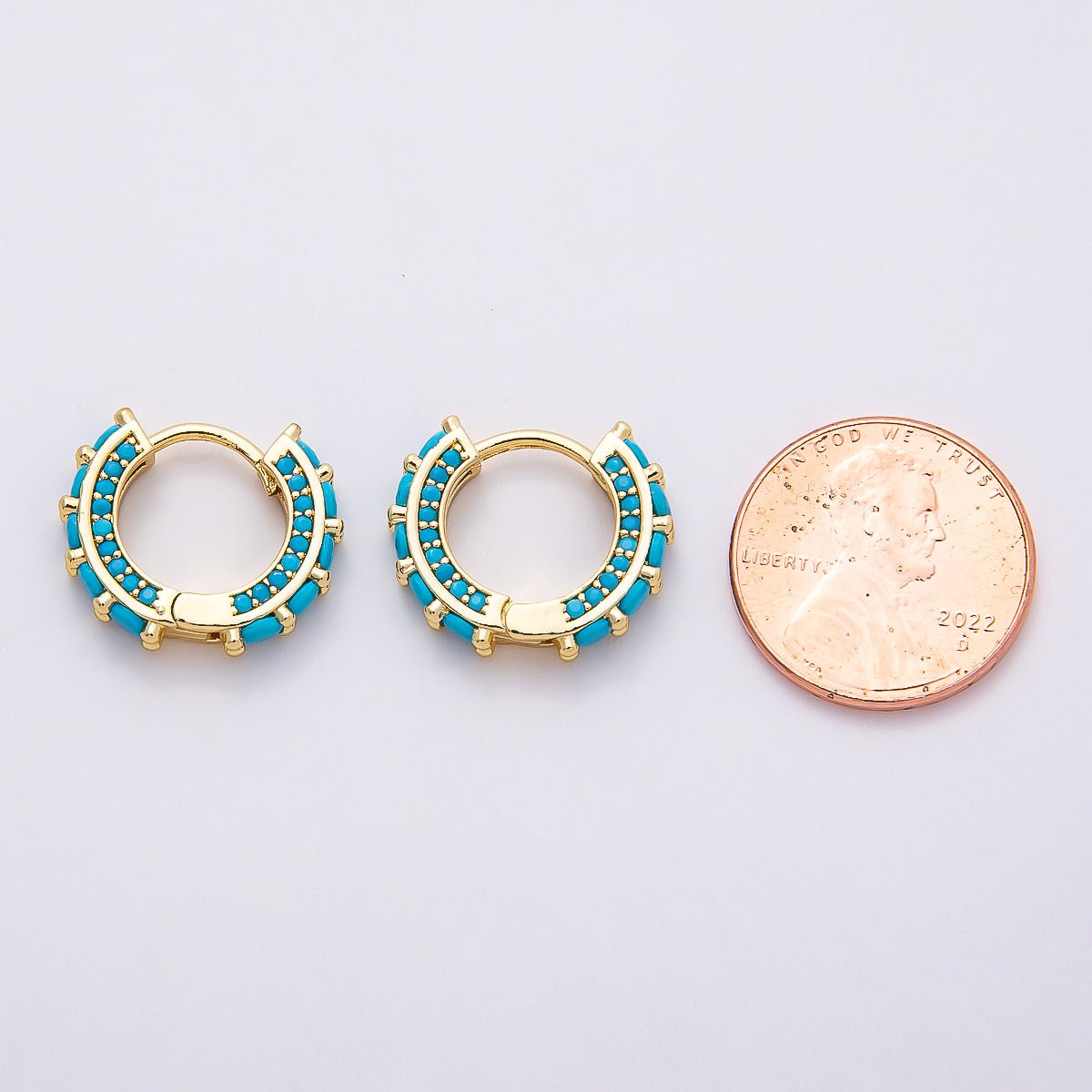 16K Gold Filled 17mm Teal CZ Round Huggie Hoop Earrings | Earrings - 00367 - DLUXCA