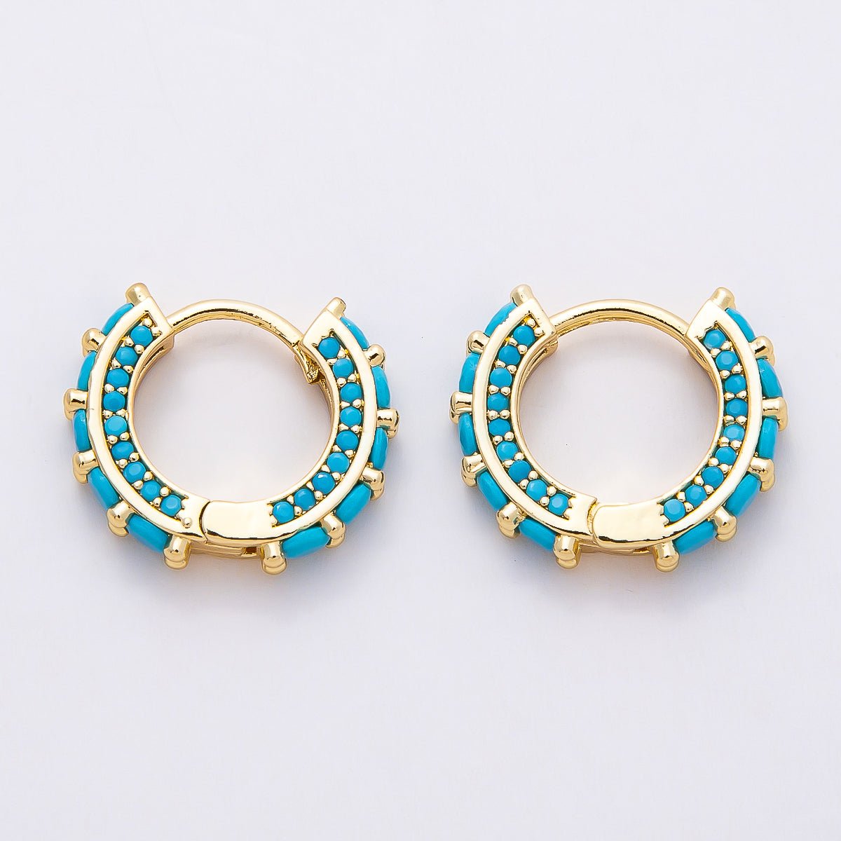 16K Gold Filled 17mm Teal CZ Round Huggie Hoop Earrings | Earrings - 00367 - DLUXCA