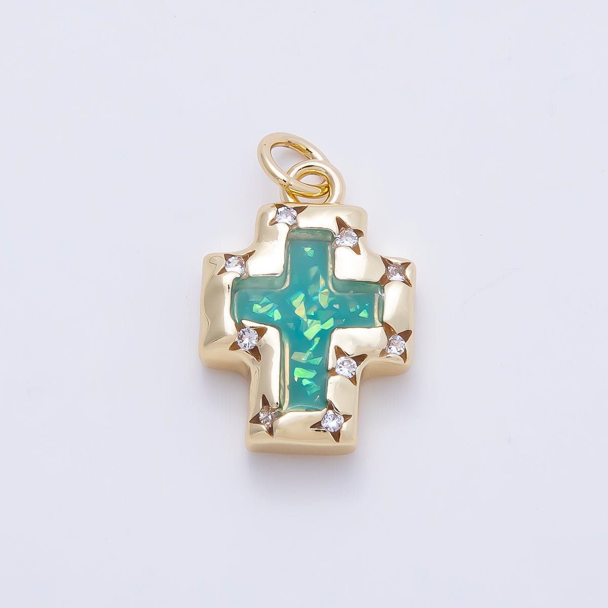 16K Gold Filled 17mm Teal Opal Clear CZ Star Dotted Bezel Religious Cross Charm | Charms-01247 - DLUXCA