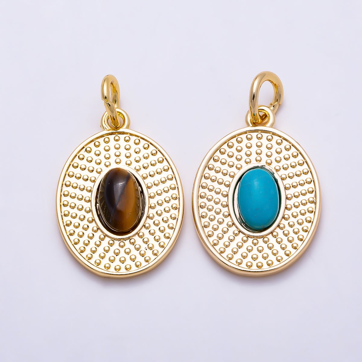 16K Gold Filled 17mm Tiger Eye, Turquoise Cabochon Gemstone Dotted Bezel Oval Charm | Charms-01560 Charms-01561 - DLUXCA