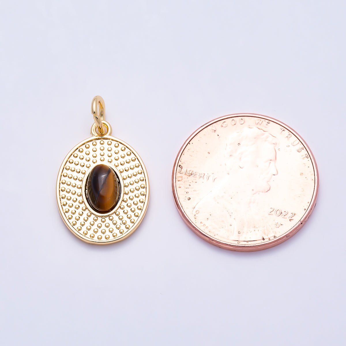 16K Gold Filled 17mm Tiger Eye, Turquoise Cabochon Gemstone Dotted Bezel Oval Charm | Charms-01560 Charms-01561 - DLUXCA