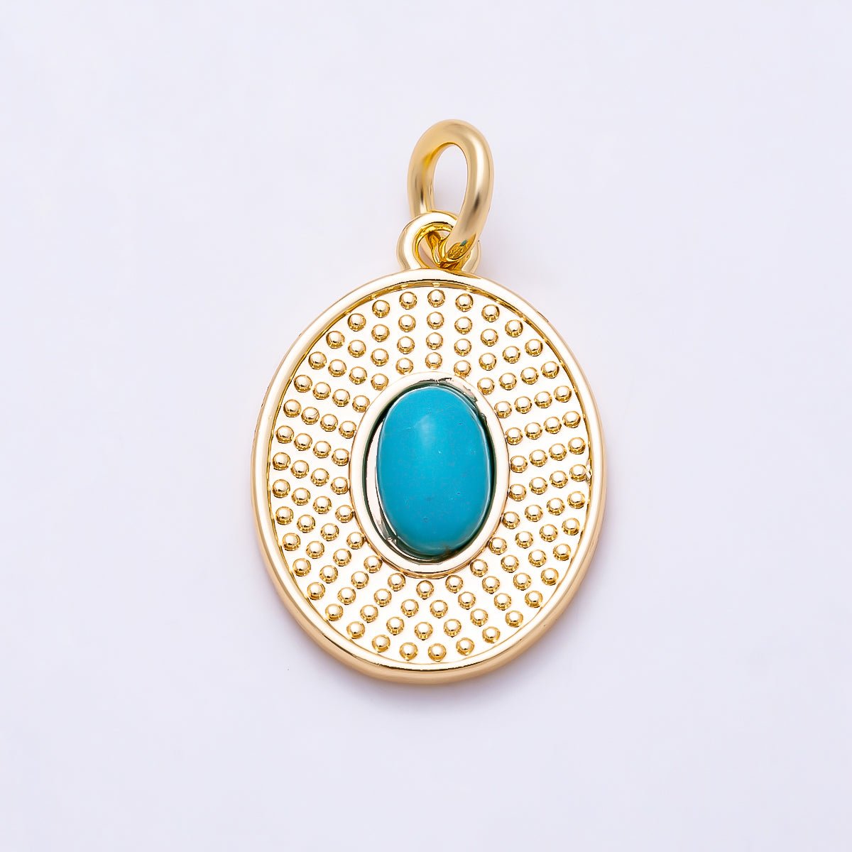 16K Gold Filled 17mm Tiger Eye, Turquoise Cabochon Gemstone Dotted Bezel Oval Charm | Charms-01560 Charms-01561 - DLUXCA