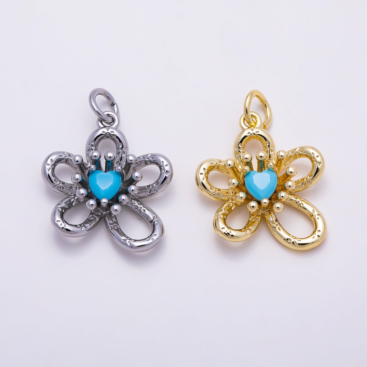 16K Gold Filled 17mm Turquoise Heart CZ Textured Openwork Flower Charm | Charms-01863 - Charms-01864 - DLUXCA