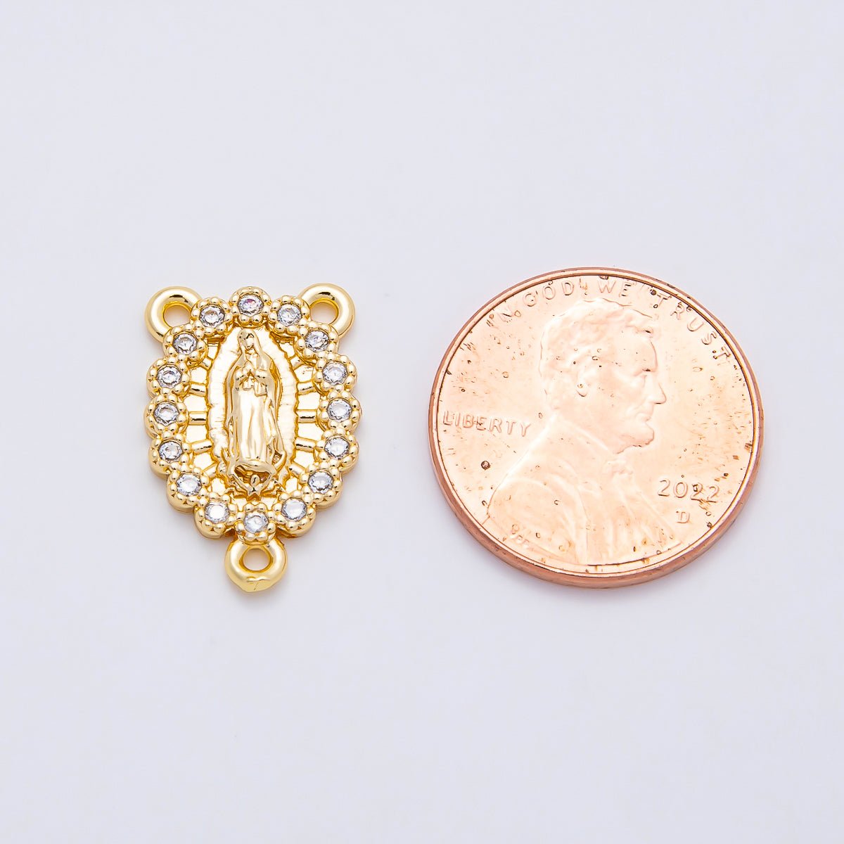 16K Gold Filled 18.5mm Mother Mary Micro Paved CZ Oval Triple Connector in Gold & Silver | Connectors-00028 Connectors-00029 - DLUXCA