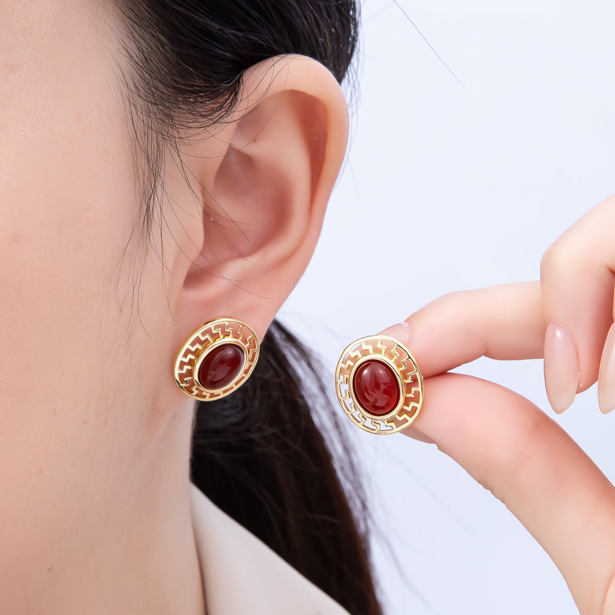 16K Gold Filled 18mm Carnelian, White Quartz, Kyanite Gemstone Open Filigree Geometric Bezel Stud Earrings | Earrings - 00343 ~ Earrings - 00345 - DLUXCA