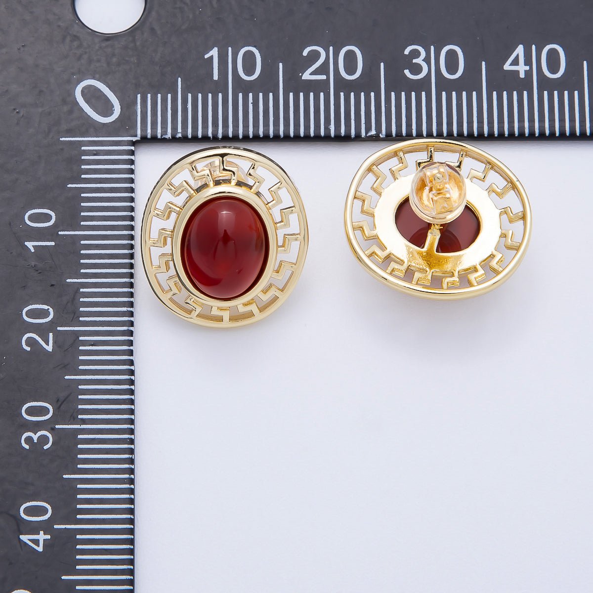 16K Gold Filled 18mm Carnelian, White Quartz, Kyanite Gemstone Open Filigree Geometric Bezel Stud Earrings | Earrings - 00343 ~ Earrings - 00345 - DLUXCA