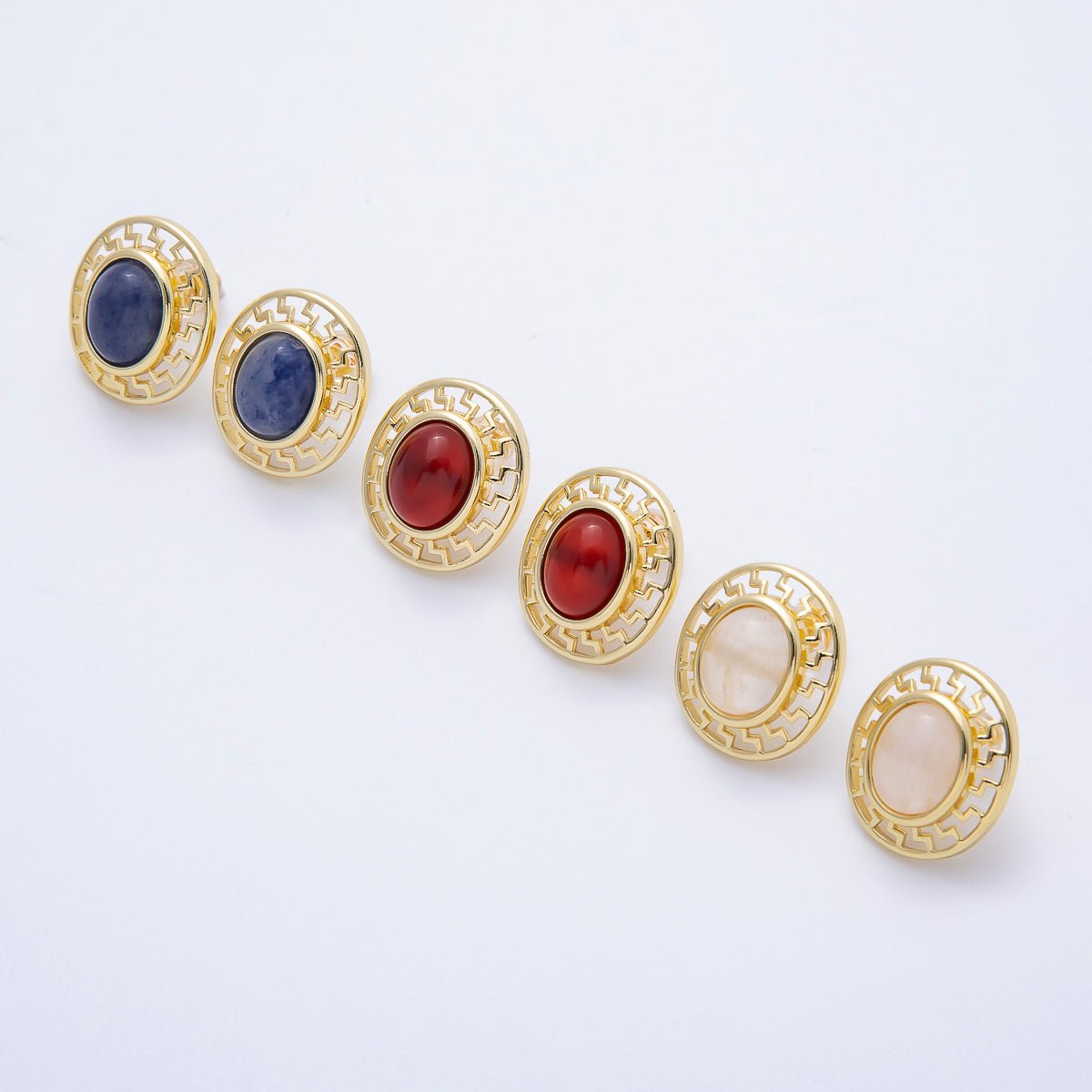 16K Gold Filled 18mm Carnelian, White Quartz, Kyanite Gemstone Open Filigree Geometric Bezel Stud Earrings | Earrings - 00343 ~ Earrings - 00345 - DLUXCA