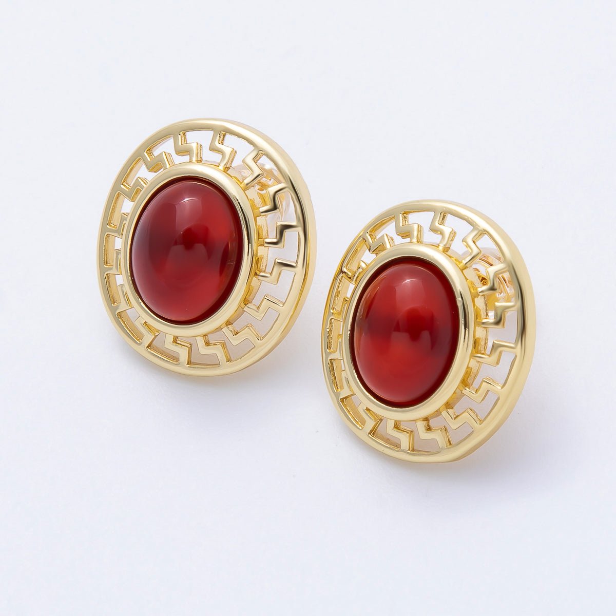 16K Gold Filled 18mm Carnelian, White Quartz, Kyanite Gemstone Open Filigree Geometric Bezel Stud Earrings | Earrings - 00343 ~ Earrings - 00345 - DLUXCA