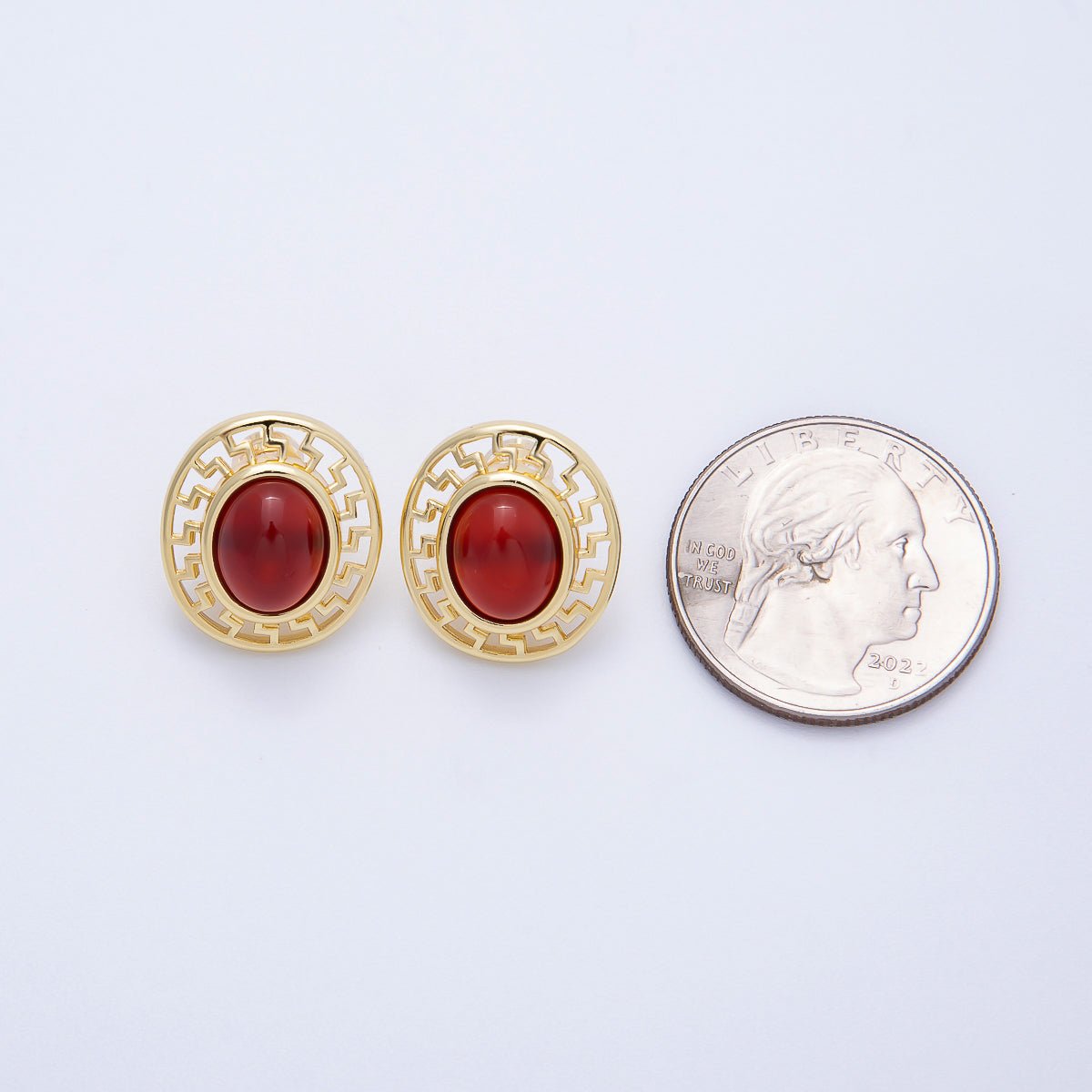 16K Gold Filled 18mm Carnelian, White Quartz, Kyanite Gemstone Open Filigree Geometric Bezel Stud Earrings | Earrings - 00343 ~ Earrings - 00345 - DLUXCA