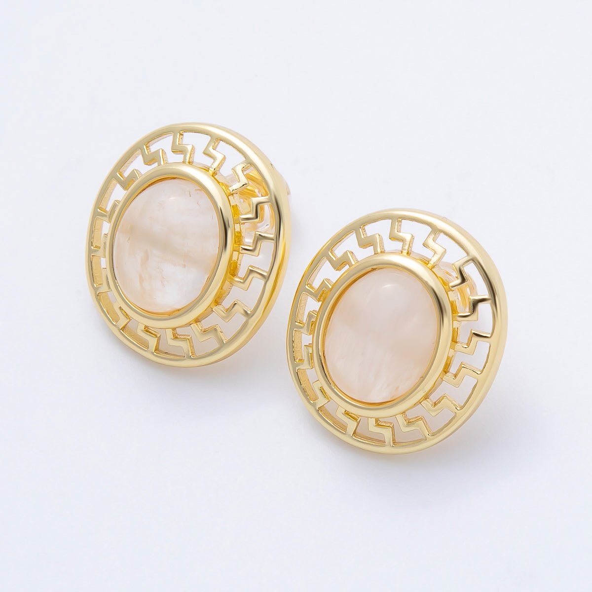 16K Gold Filled 18mm Carnelian, White Quartz, Kyanite Gemstone Open Filigree Geometric Bezel Stud Earrings | Earrings - 00343 ~ Earrings - 00345 - DLUXCA