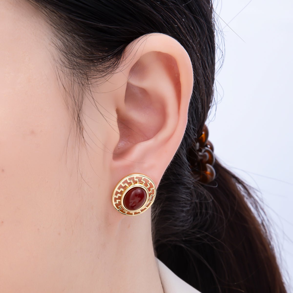 16K Gold Filled 18mm Carnelian, White Quartz, Kyanite Gemstone Open Filigree Geometric Bezel Stud Earrings | Earrings - 00343 ~ Earrings - 00345 - DLUXCA