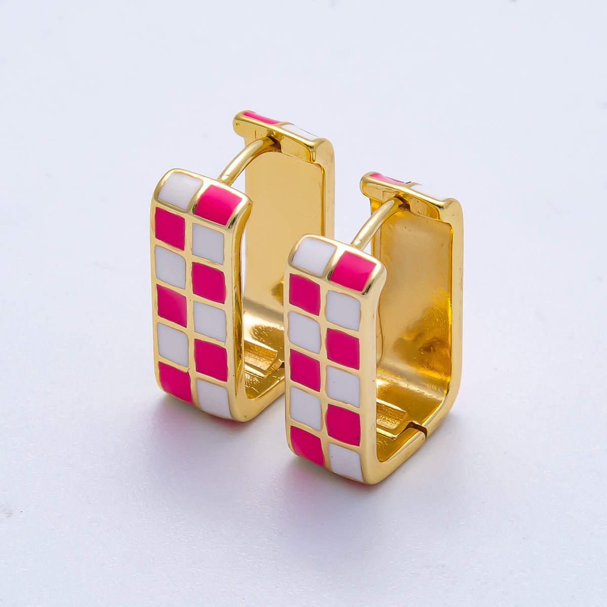 16K Gold Filled 18mm Checkered Enamel Square Huggie Earrings | Earrings - 00309 ~ Earrings - 00314 - DLUXCA