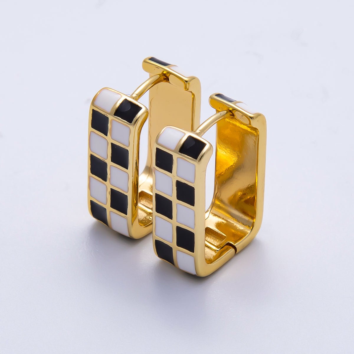 16K Gold Filled 18mm Checkered Enamel Square Huggie Earrings | Earrings - 00309 ~ Earrings - 00314 - DLUXCA