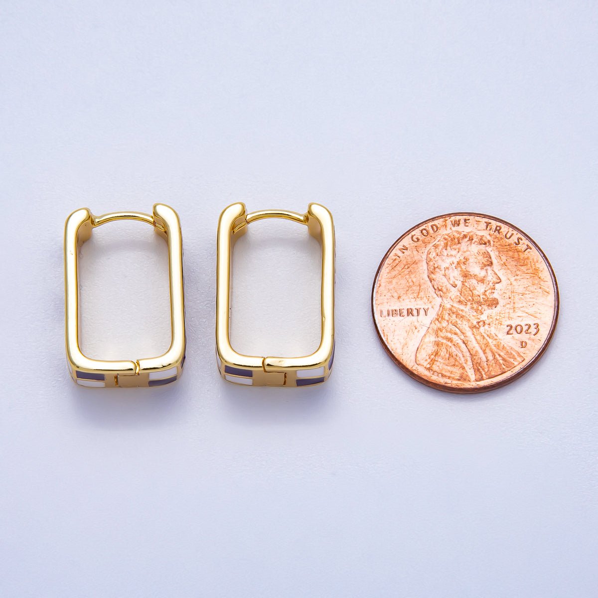 16K Gold Filled 18mm Checkered Enamel Square Huggie Earrings | Earrings - 00309 ~ Earrings - 00314 - DLUXCA