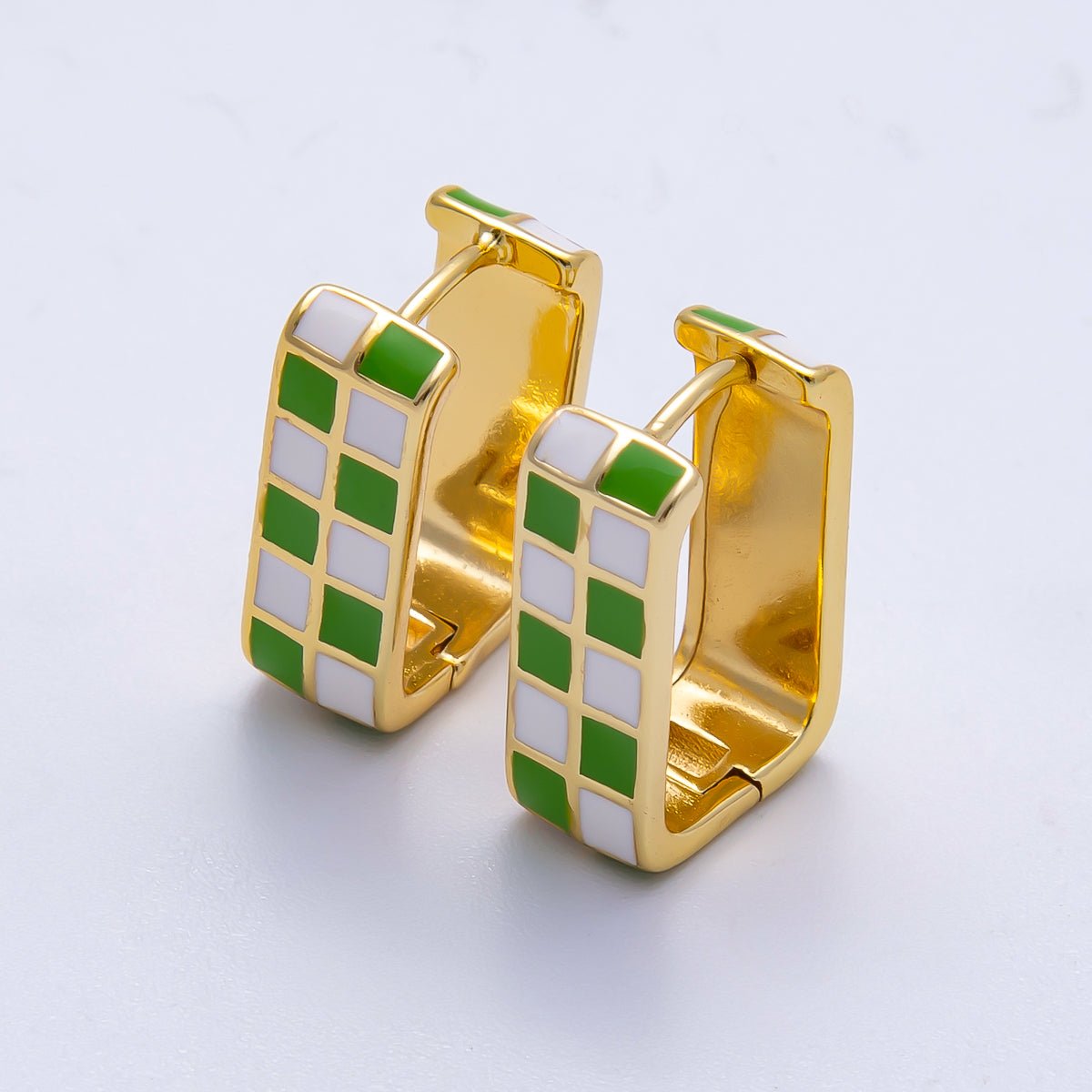 16K Gold Filled 18mm Checkered Enamel Square Huggie Earrings | Earrings - 00309 ~ Earrings - 00314 - DLUXCA