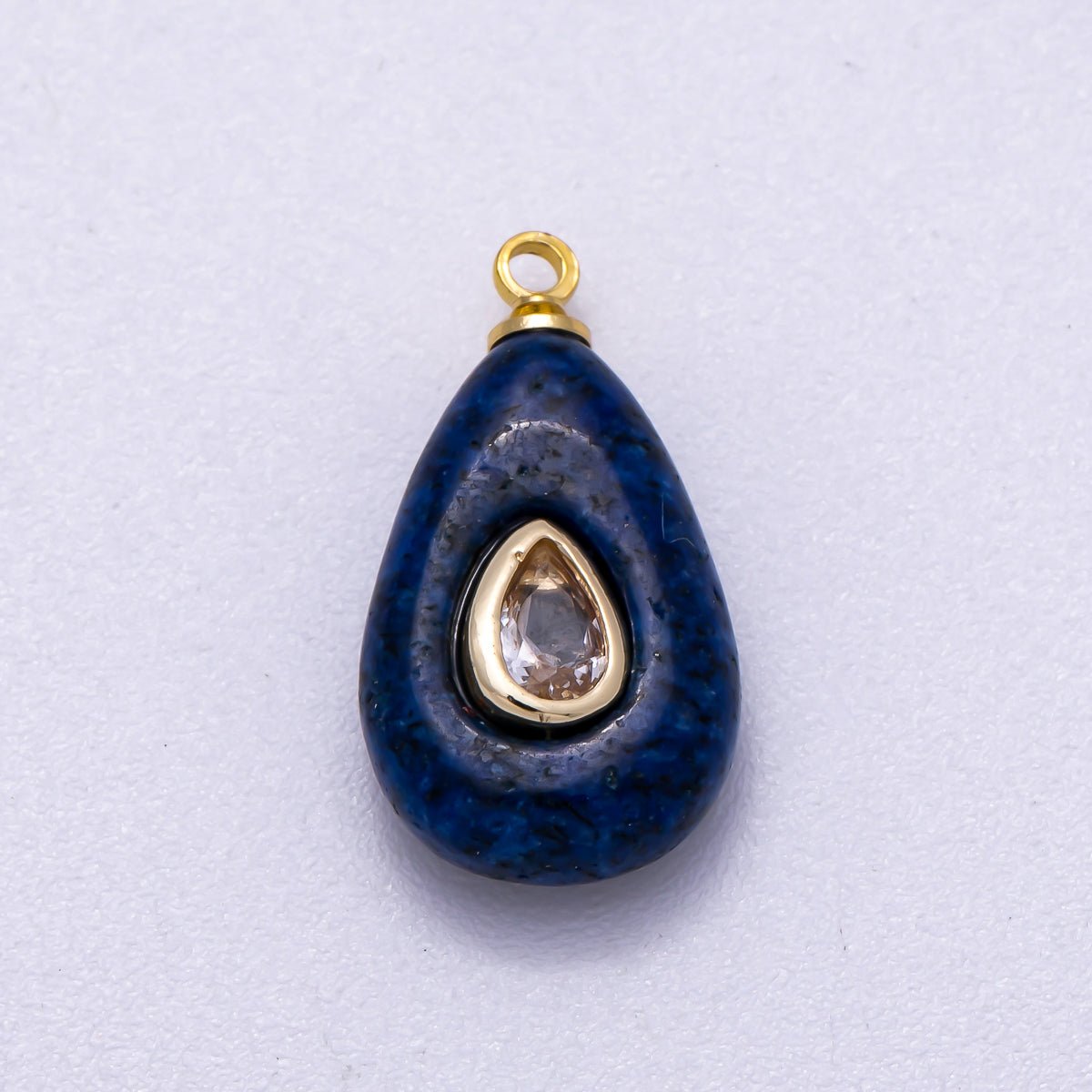16K Gold Filled 18mm Clear CZ Embedded Blue Lapis Lazuli Teardrop Charm | Charms - 00579 - DLUXCA