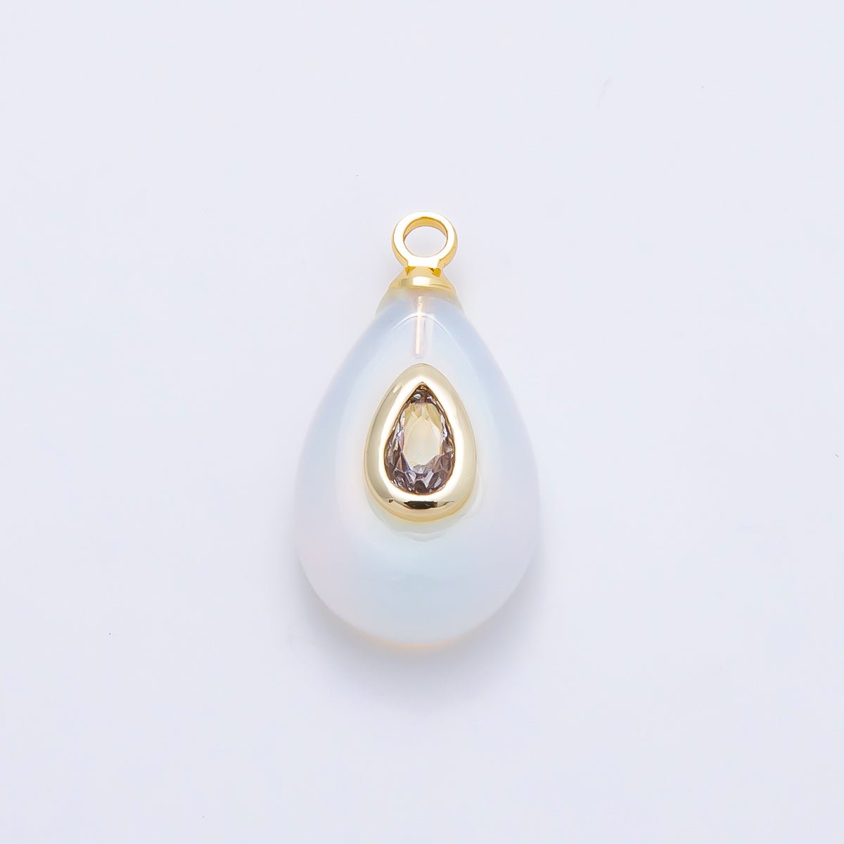 16K Gold Filled 18mm Clear CZ Embedded White Opal Gemstone Teardrop Charm | Charms-01203 - DLUXCA